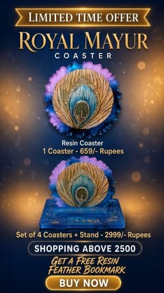 Royal Mayur peacock resin coasters on a stand